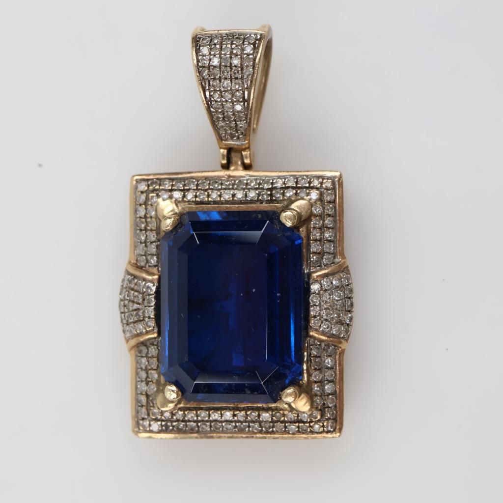 10kt Gold Blue Stone Diamond Accent Hollow Pendant - photo 1