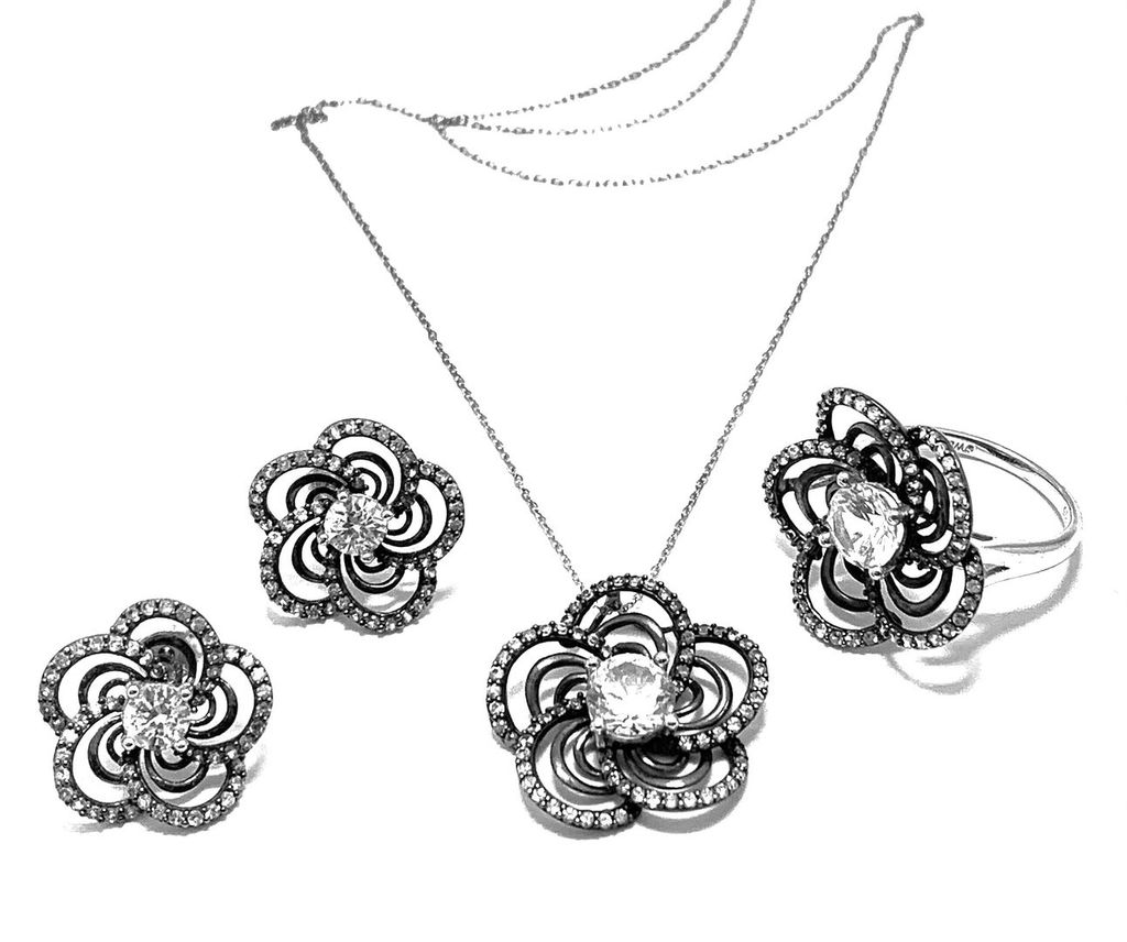.925 Sterling Silver Antique Design 7.75ctw Diamonique Diamond Set of Ring, Earrings & Necklace — photo 1