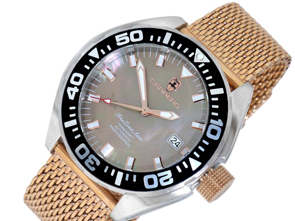 LeChateau, Men's Automatic NH35-24 JEWEL Mov't, Brown MOP- Dial - Black Bezel, Rosetone Mesh Band - (MSRP: $2,508.00) — photo 1