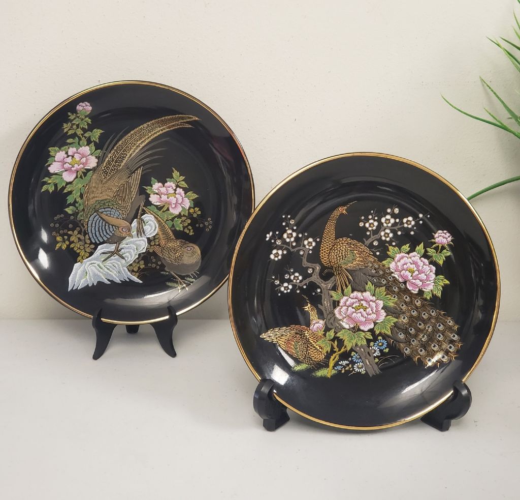 Pair Vintage Black Gold Japanese Decorative Plates Peacocks Pheasants 6.25" - photo 1