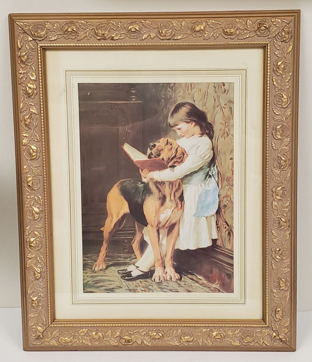 C. Burton Barber Pears Print 'The Reading Lesson' Girl & Bloodhound - Ornate Gold Frame 17x14 - photo 1