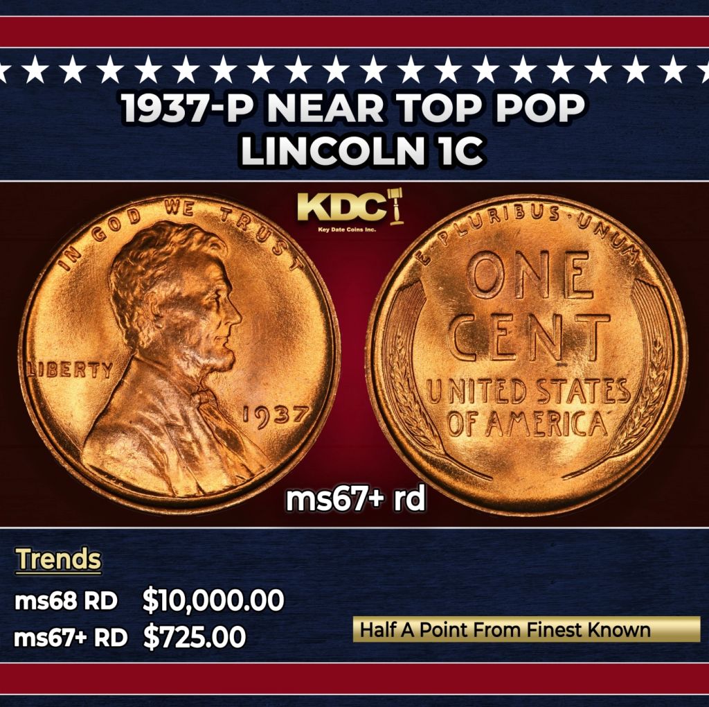 1937-p Lincoln Cent Near Top Pop 1c ms67+ rd SEGS — photo 1