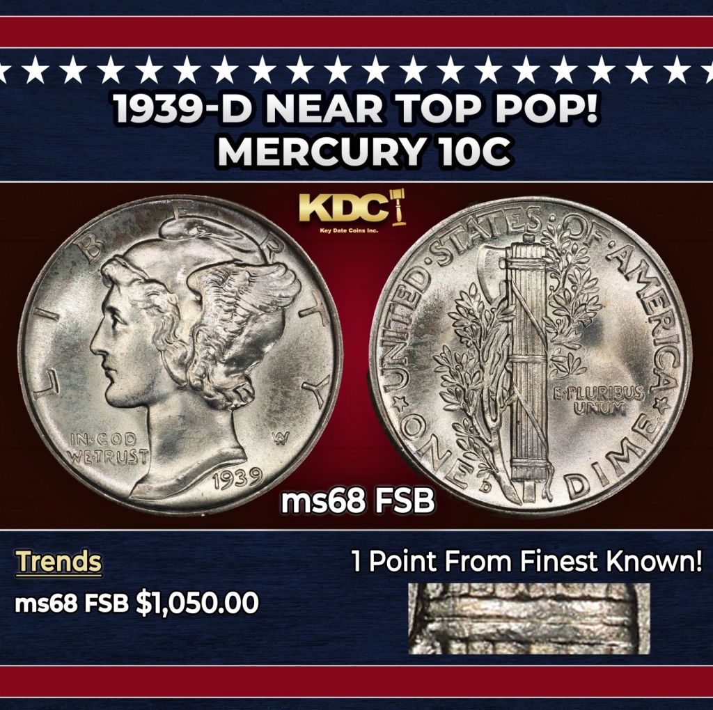 1939-d Mercury Dime Near Top Pop! 10c ms68 FSB SEGS — photo 1