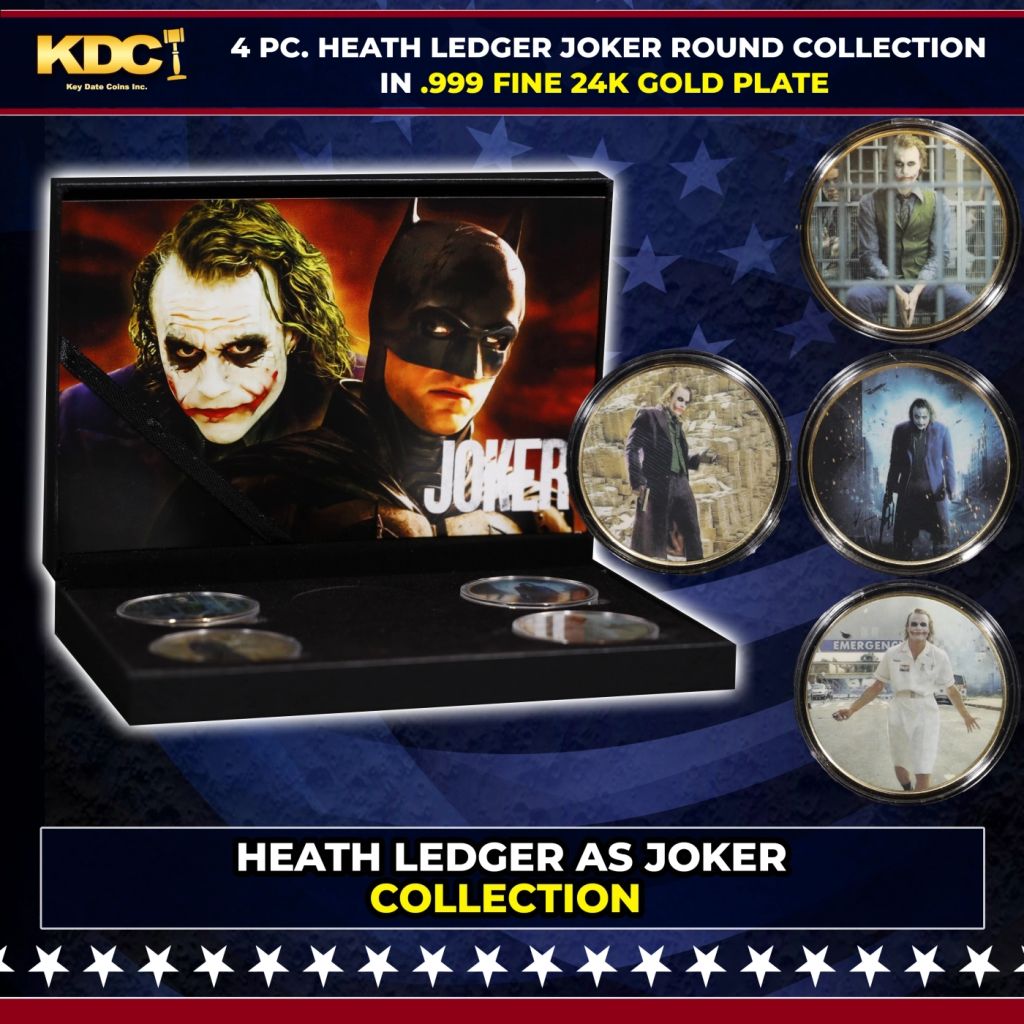 4 PC. Heath Ledger As The JOKER Gold Plated Round Collection In Custom Box W/ Special Backer card — photo 1
