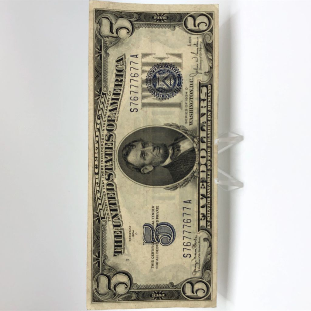 1934 $5 Silver Certificate in Protective Currency Sleeve High Grade - photo 1