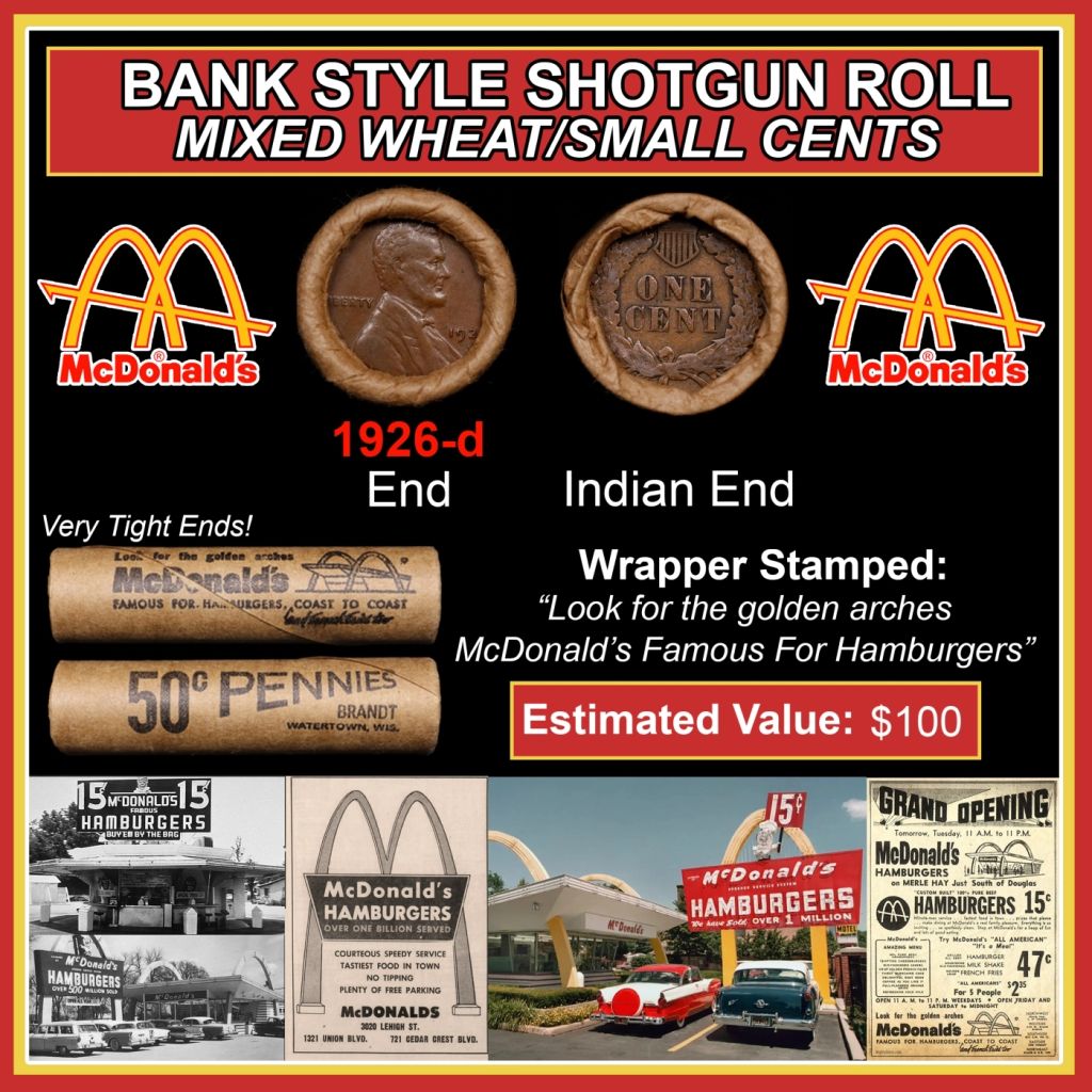 Lincoln Wheat Cent 1c Mixed Roll Orig Brandt McDonalds Wrapper, 1926-d end, Indian other end - photo 1