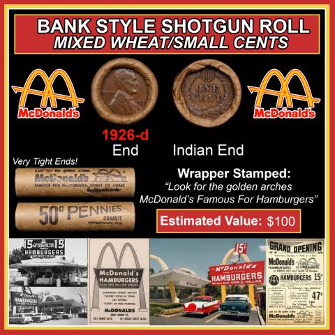 Lincoln Wheat Cent 1c Mixed Roll Orig Brandt McDonalds Wrapper, 1926-d end, Indian other end