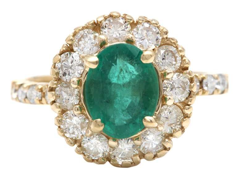 2.50 Carats Natural Emerald and Diamond 14K Solid Yellow Gold Ring - photo 1