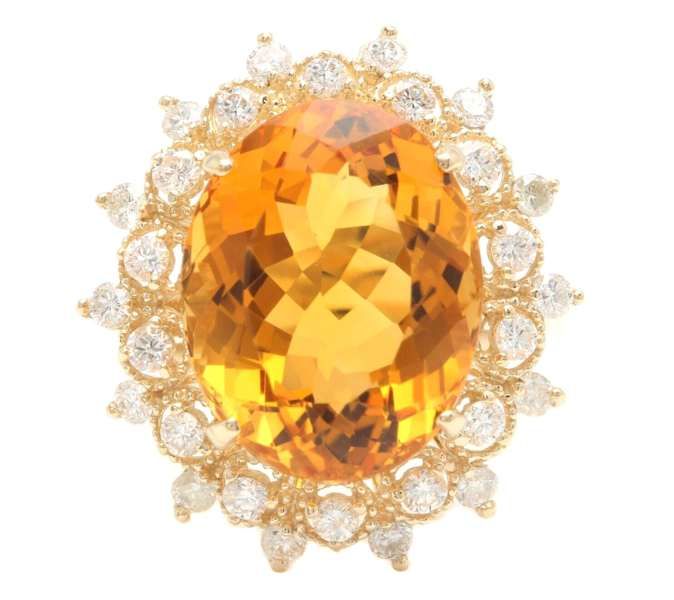 9.75 Carats Natural Citrine and Diamond 14K Solid Yellow Gold Ring - photo 1