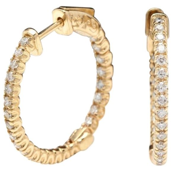 0.95 Carats Natural Diamond 14K Solid Yellow Gold Hoop Earrings - photo 1