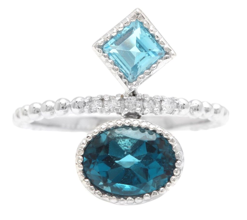 2.20Ct Natural London & Swiss Blue Topaz and Diamond 14K Solid White Gold Ring - photo 1