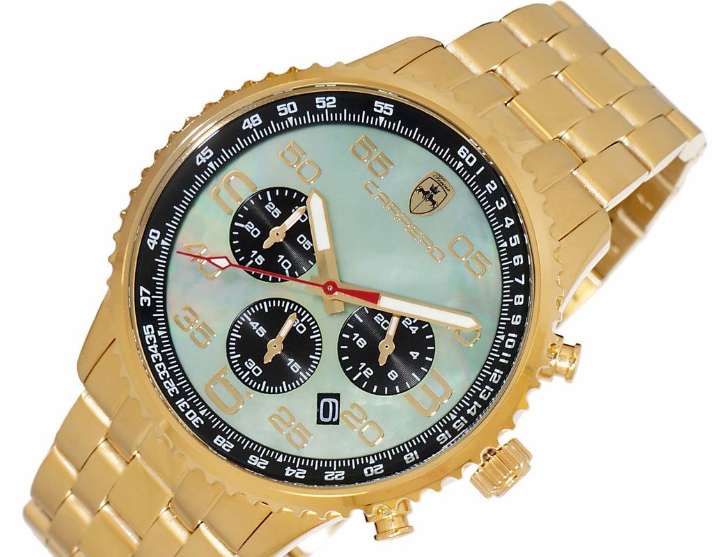 Lechateau - VR32 Mov't Chronograph Mov't,Green MOP Dial, Stainless Steel case and band-Goldtone (MSRP: $2,220.00) - photo 1
