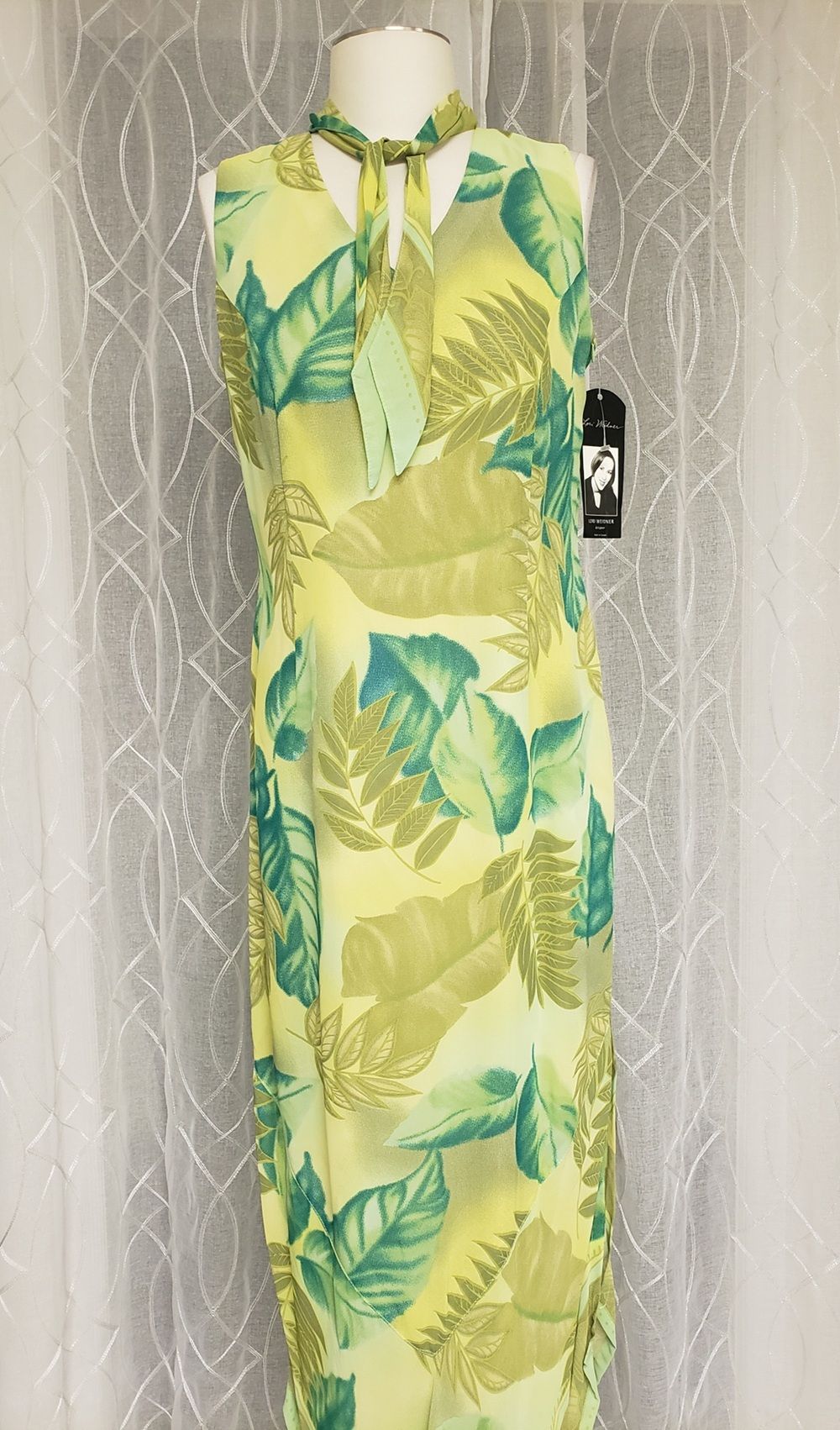 Lori Weidner Tropical Leaves Print Tie Collar Sleeveless Asymmetric Hem Women's Maxi Dress, Sz 10 - photo 1