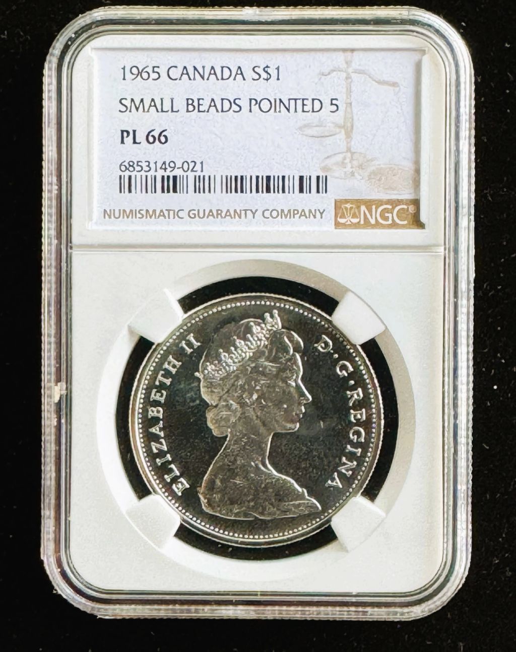 1965 CANADA S$1, NGC HIGH GRADED PL-66 SMALL BEADS POINTED 5, IN THE SLAB - photo 1