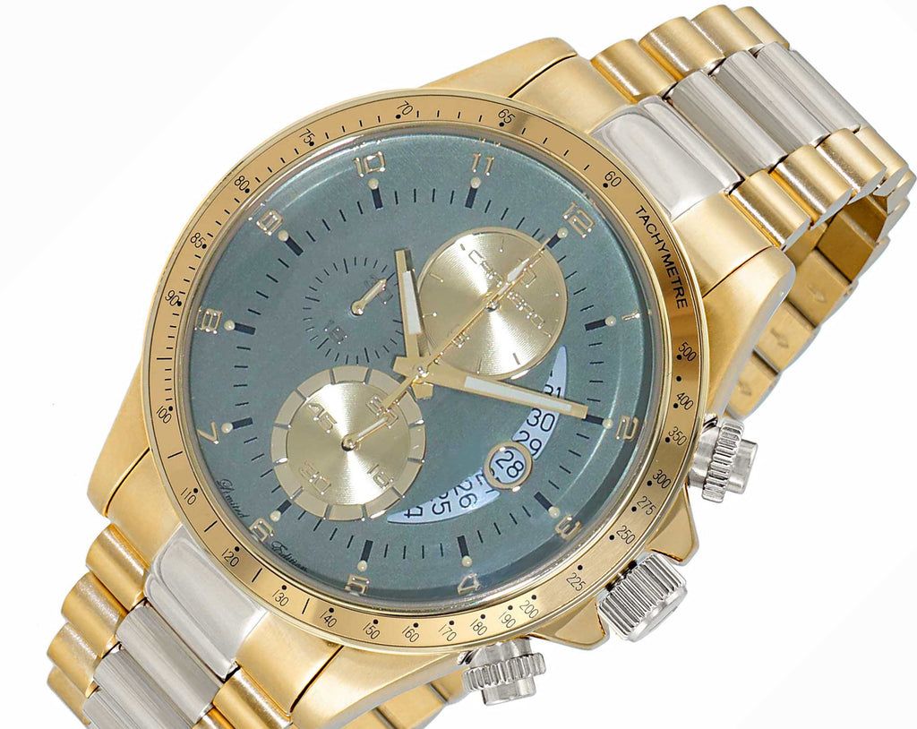 Lechateau Mens, Swiss-Ronda Chronograph Mov't, 2- Told Gold, Teal Green - Date Dial, C2T101LGN - MSRP: $2,468.00 - photo 1