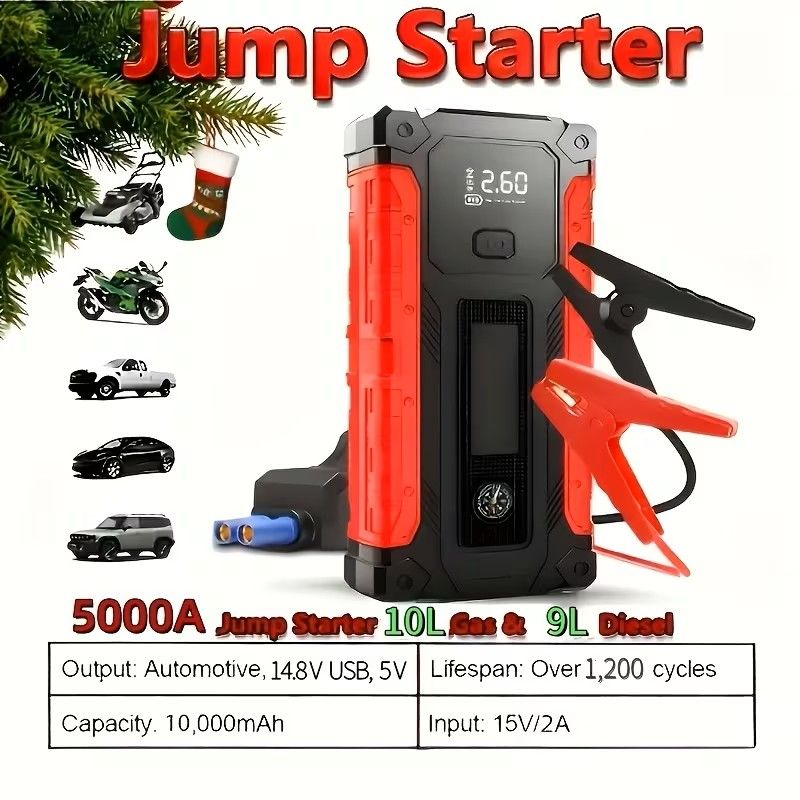 10000A 7-in-1 Multifunctional Emergency Jump Starter With 150PSI Air Pump, Digital Tire Inflator, Portable Car Battery Charger, Up To 2.64gal Gas/2.38gal Diesel, LED Emergency Light & USB Charging, Car Emergency Tool - photo 1