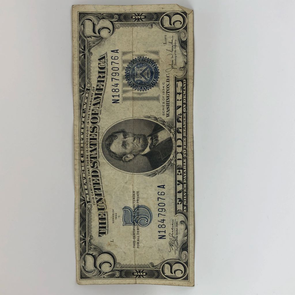 1934 Series $5 Certificate Demand Note in Protective Sleeve - photo 1