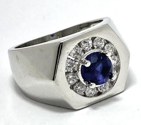 .98CT Blue & White Sapphire Signet Style Ring 18K Gold Overlay Sz 7.5 β 7.6g
