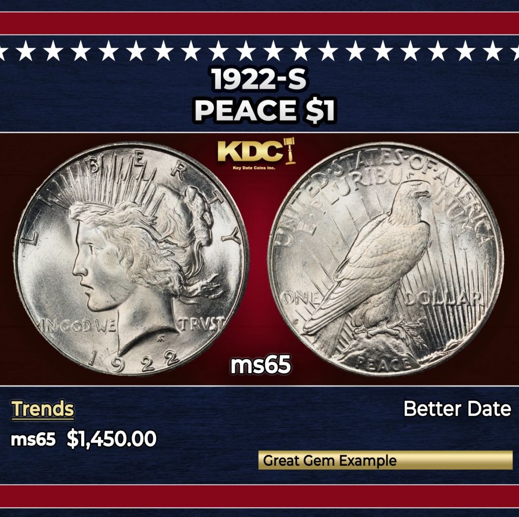 1922-s Peace Dollar $1 ms65 SEGS - photo 1