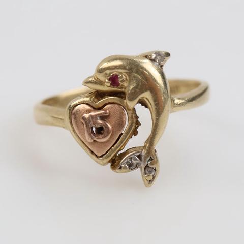 14kt Two Tone Gold Red And Clear Stone Dolphin Ring