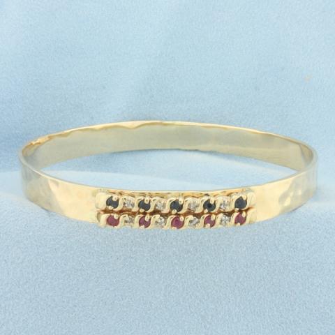 Ruby, Sapphire, and Diamond Bangle Bracelet in 14k Yellow Gold