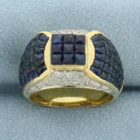 Invisible Set Sapphire and Diamond Pave Ring in 18K Yellow Gold