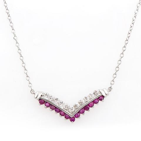0.73 Ctw Natural Ruby Diamonds Rhodium Plated Designer Necklace 18"