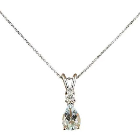 Natural Aquamarine and Diamond 14K Solid White Gold Necklace