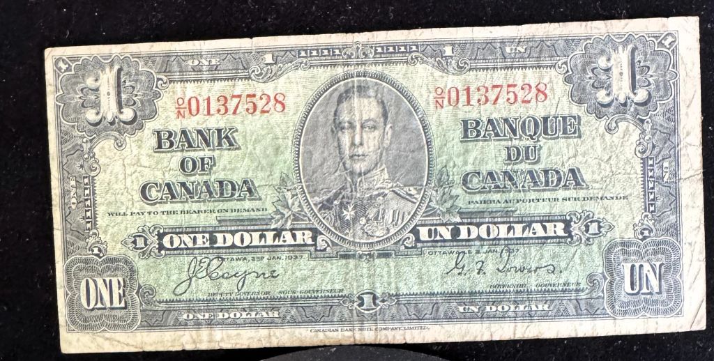 1937 CANADA $1 DOLLAR, COYNE/TOWERS O/N, IN PROTECTIVE SLEEVE - photo 1