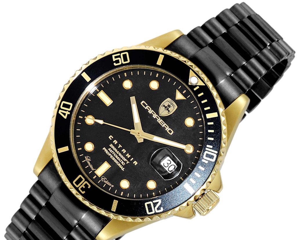 Lechateau Men's Automatic NH35 -21 JEWELS, Magnifying Date Dial with Exhibition Back, Goldtone Case, IP-Black Band - C1G888BK_IPB Retail at (MSRP: $ 2,124.00) - photo 1