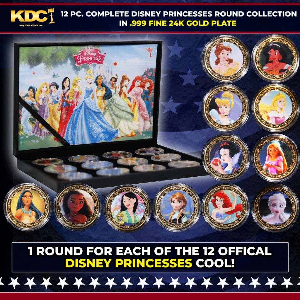 12 Coin Complete Disney Princess Gold Plated Round Collection In Custom Box W/ Special Backer card - photo 1