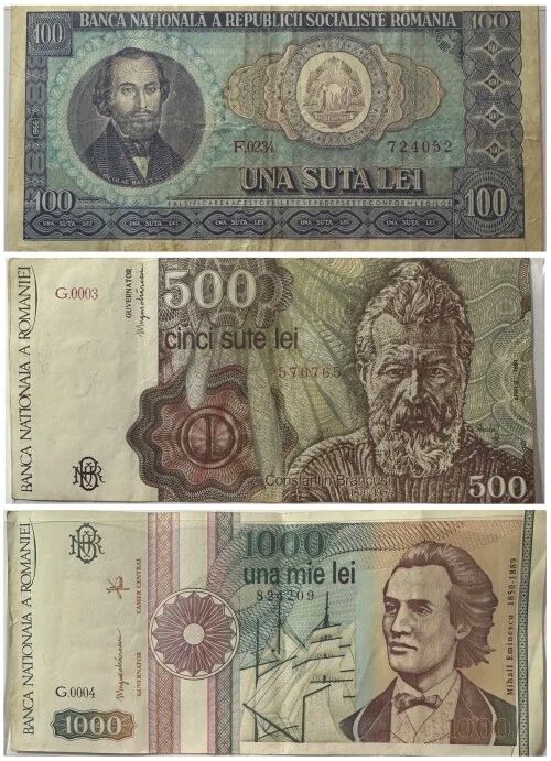 Lot of 3 Romania Bank Notes - 1966 100 Lei, 1991 500 Lei and 1991 1000 Lei - Good Condition - photo 1