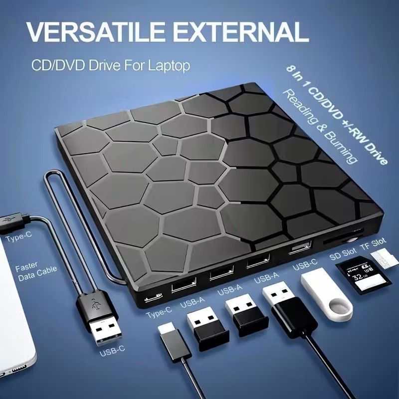 Portable External CD/DVD Drive with 8-In-1 USB 3.0 Capabilities - a High-Speed Type-C Multi-Interface Hub And Burner Designed for Laptops, Desktops, And Mac Computers, Enabling Playback, Burning, And Writing of Cds And Dvds - photo 1