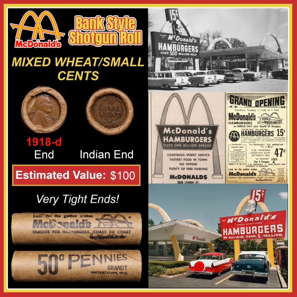 Lincoln Wheat Cent 1c Mixed Roll Orig Brandt McDonalds Wrapper, 1918-d end, Indian other end - photo 1