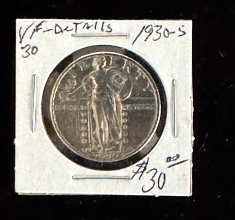 1930-S SILVER STANDING LIBERTY QUARTER COIN, VERY FINE DETAILS