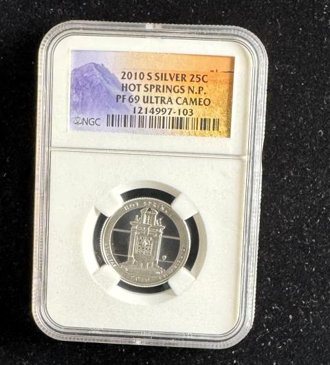 2010-S SILVER 25C NGC HIGH GRADED ULTRA CAMEO PROOF 69 HOT SPRINGS N.P., GEM COIN IN A SLAB
