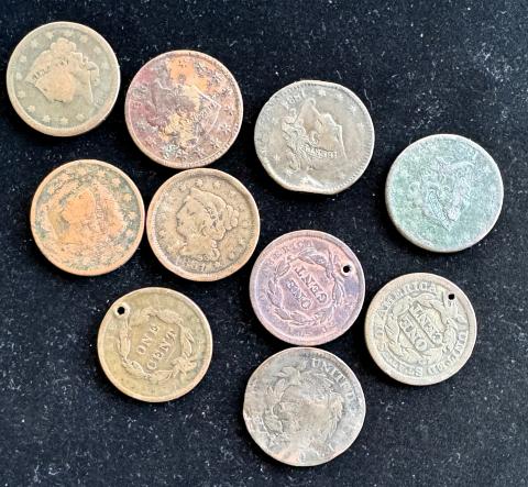 LARGE CENT U.S. 10 COIN GRABBAG, 1826, 1834, 1837, 1838, 1840, 1846, 1851, & 3 UNKNOWN