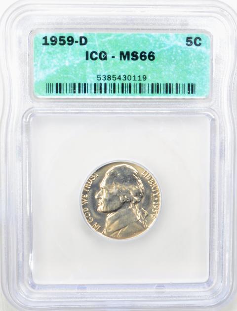 1959-D Jefferson Nickel 5c - ICG MS66 - Greysheet (Wholesale Price) is $40.00