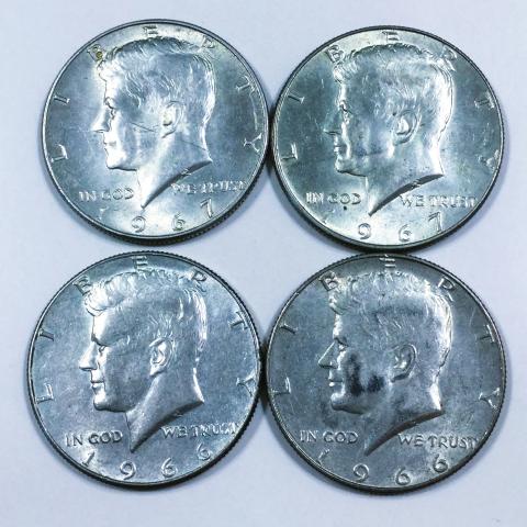 4 Kennedy Silver Half Dollars 40% Silver Mixed Dates Beautiful Coins