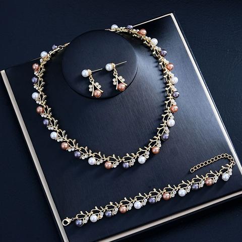 18K Gold Overlay 6mm Multicolor Pearls & Diamonique Diamond Necklace & Earrings Set