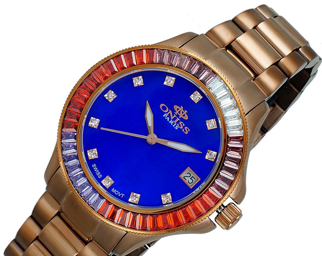 ONISS SWISS MOVEMENT, MULTI-COLOR AUSTRIAN CRYSTAL ACCENT, BLUE MOP DIAL, ON7324-60BURG - RETAIL AT (MSRP: $550.00) - photo 1