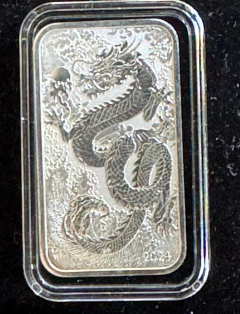1oz .999 FINE SILVER, DRAGON PERTH REVERSE PROOF BAR IN A SEALED CASE