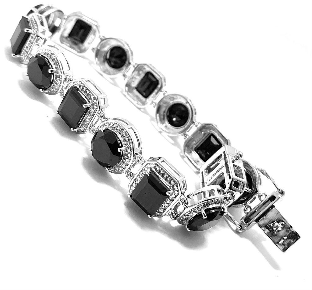 18k Gold & .925 Sterling Silver Diamonique Diamond & Black Onyx Large Tennis Bracelet - photo 1