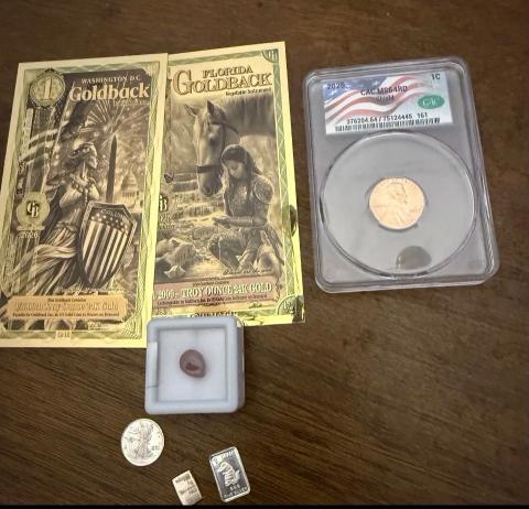 Bullion Lot Precious Metals Collector Lot Goldbacks CAC MS64RD 2025 Lincoln Cent 1g Silver Bars Gemstone