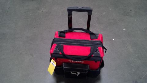 Husky Rolling Tool Bag With Mixed Tool Lot - Stabila Level, Pliers, Chalk Line, And More
