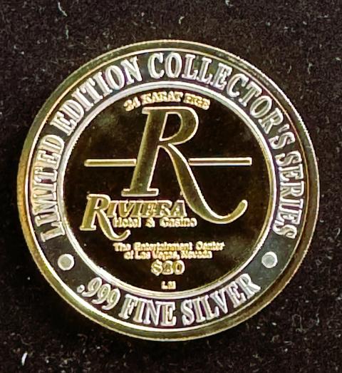 LAS VEGAS, RIVIERA CASINO $20 GAMING TOKEN, LIMITED EDITION, 24K GOLD HGE AND .999 FINE SILVER, PROOF-LIKE GEM