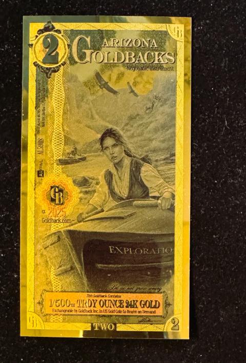 GOLD, 2 ARIZONA GOLDBACK, GOLD FOIL NOTE, 1/500 OZ .999 24K FINE GOLD, CAN BE USED AS LEGAL TENDER