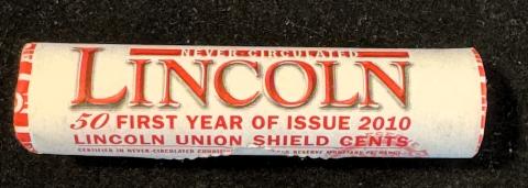 2010 FIRST YEAR OF THE LINCOLN CENT SHIELD COINS, ORIGINAL UNC ROLL OF 50 COINS