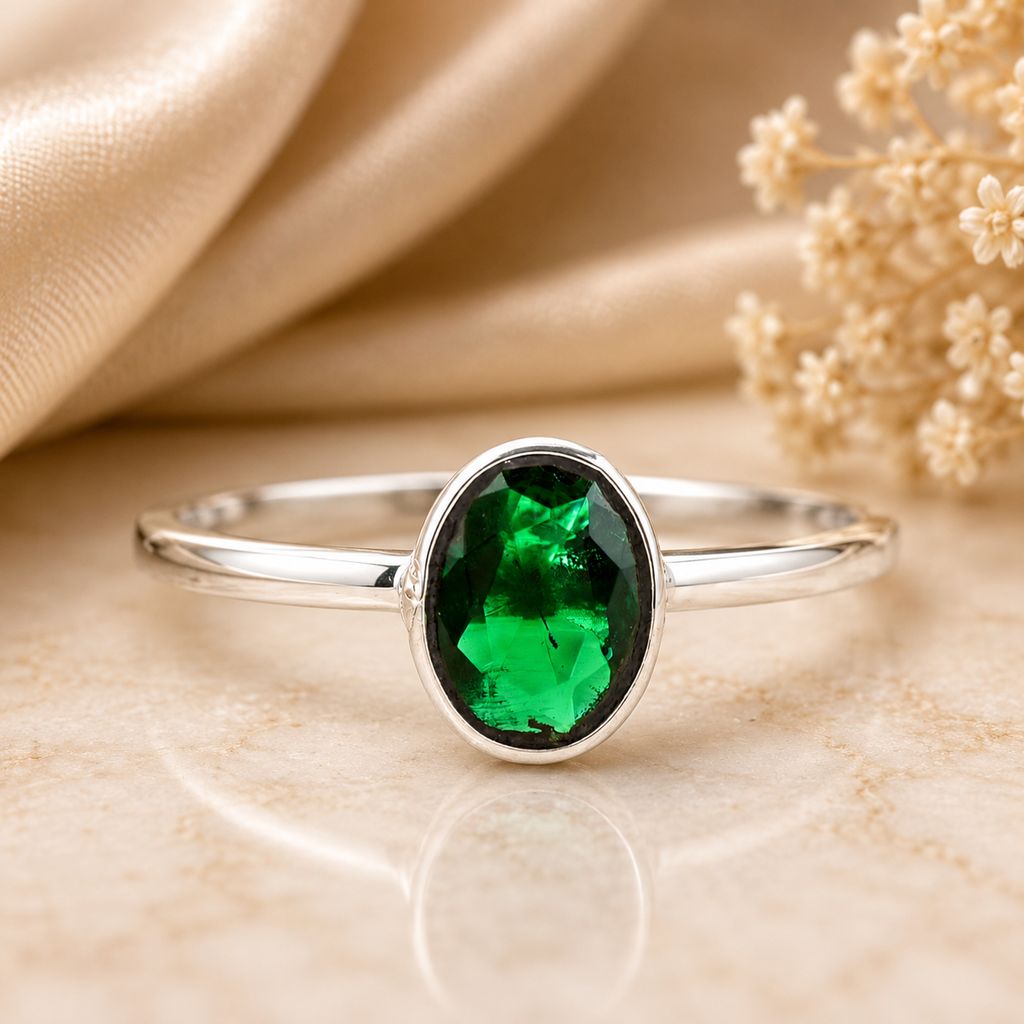 No Reserve 925 Sterling Silver 0.92 Ct Oval Created Emerald Ring - photo 1