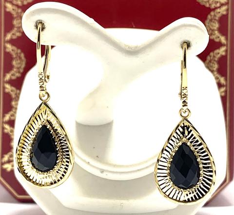 10k Yellow Gold Black Onyx Dangle Lever back Earrings ( Solid Gold, Natural Onyx )